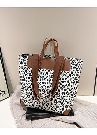 Текстильна жіноча сумка з леопардовим принтом, шопер із короткими та довгими ручками через плече