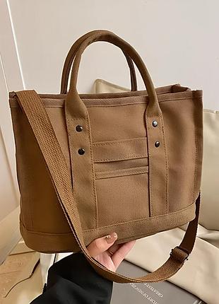 Женская сумка шоппер текстильная коричневая с ручками на плечо