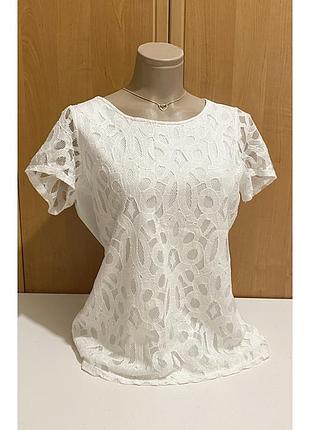 Eur 40-42 блуза белая кружево спереди трикотажная сзади короткий рукав летняя женская блузка