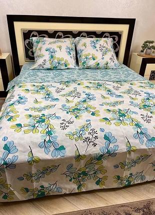 Постельное белье евро комплект 200х215  из пакистанской бязи с 2 наволочками 70х70 — белый фон с акварельным принтом веток