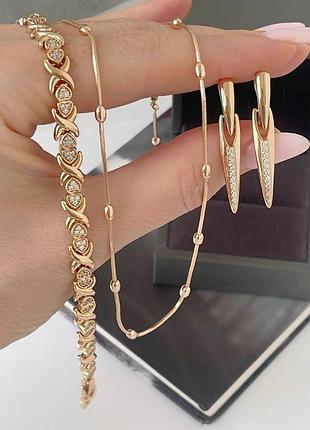 Набор медсплав медзолото, фианиты камушки, серьги длинные, цепь шарика снейк, браслет, позолота xuping