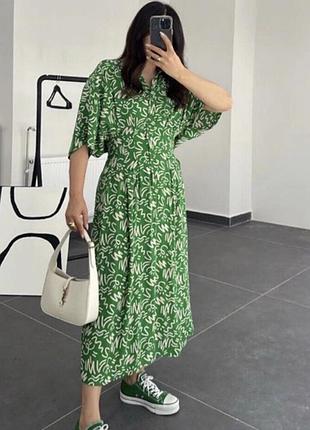 Изысканное женское зеленое платье миди zara в принт вискоза m-l 46-487 фото