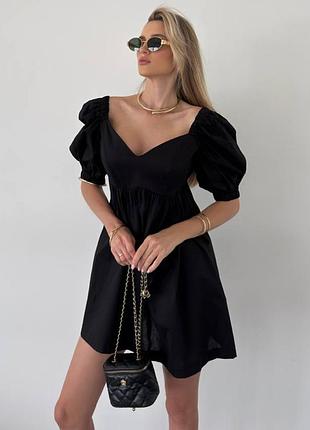 Платье короткое мини пышное летнее женское с корсетным лифом с рукавами фонариками черный