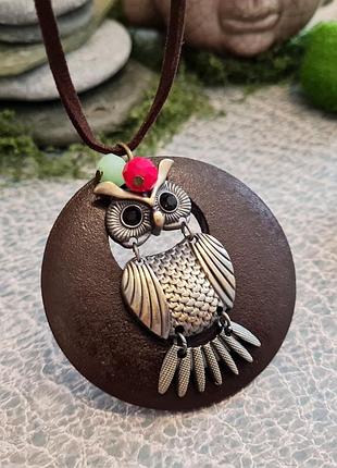 🔺🦉🌳 кулон у стилі бохо натуральне дерево та підвіска "сова" на довгому шкіряному шнурку