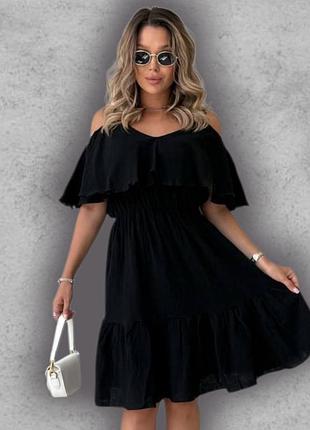 Плаття з мусліну жіноче літнє коротке пишне на бретелях з відкритими плечима з рюшами сукня чорна