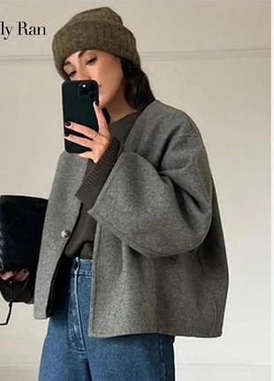Zara брендовое короткое пальто-кимоно серый демисезонный оверсайз жакет пиджак короткий р s-m