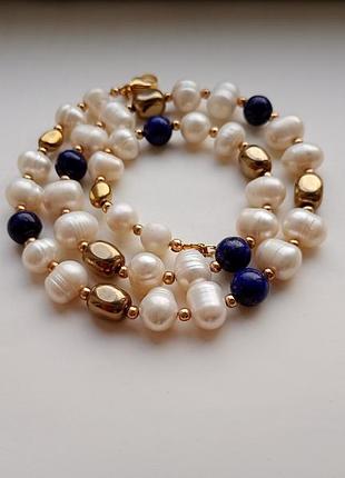 Буси, натуральні великі річкові перли, натуральний лазурит, гематит