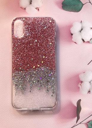 Силиконовый чехол с блёстками на iphone xs max амбре серебряно-розовое
