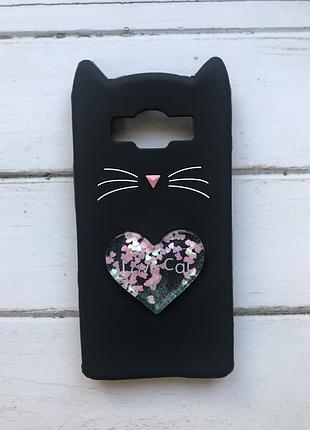Чохол силіконовий 3d case з рухливими блискітками на samsung galaxy grand prime g530 / j2 prime кіт чорний