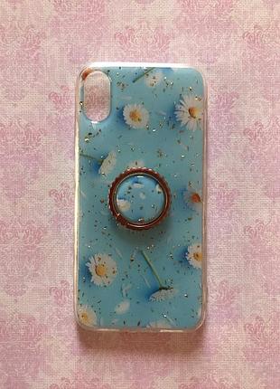 Силіконовий чохол з блискітками і кільцем-тримачем для iphone x/xs (принт ромашки)