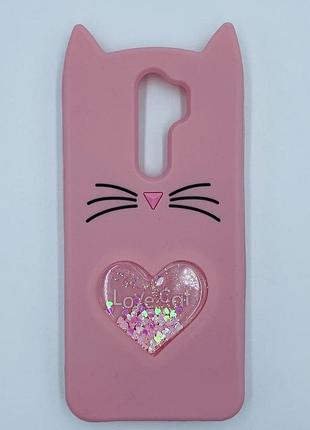 Чохол силіконовий 3d case з рухливими блискітками на xiaomi redmi note 8 pro кіт рожевий