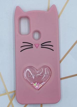 Чохол силіконовий 3d case з рухливими блискітками на samsung galaxy m30s кіт рожевий