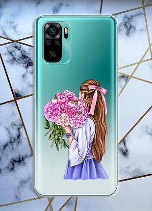 Прозрачный чехол для xiaomi redmi note 10 / note 10s с объемной печатью "девушка с пионами" принт 11