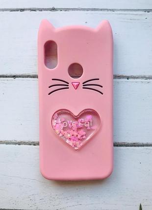 Силіконовий чохол 3d з рухливими блискітками на xiaomi redmi 6 pro / a2 lite кіт рожевий