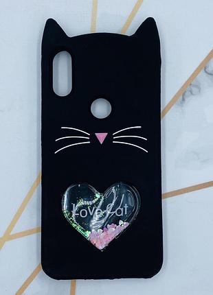 Чохол силіконовий 3d case з рухливими блискітками на xiaomi redmi play кіт чорний
