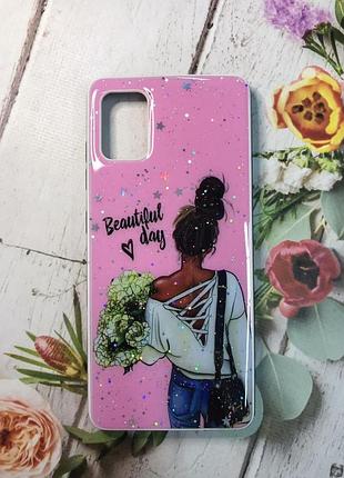 Силиконовый чехол с принтом и блестками  для samsung galaxy a51 (2020) / a515 девушка с цветами