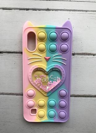 Чехол попит антистресс поп-ит pop it для samsung galaxy m10 поп ит котик с сердечком розово-фиол.