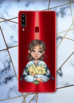 Прозрачный чехол на samsung galaxy а20ѕ патриотический дизайн девушка с тюльпанами принт 22