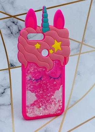 Чохол силіконовий 3d case з рухливими блискітками на xiaomi мі 8 lite яскраво рожевий єдиноріг