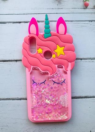 Чехол силиконовый 3d с переливающимися блёстками для huawei y7 (2019) /  y7 prime 2019 единорог розовый