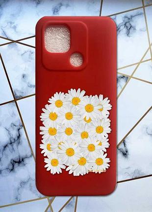Матовий червоний чохол на xiaomi redmi 10c рельєфний дизайн букет ромашок принт 40
