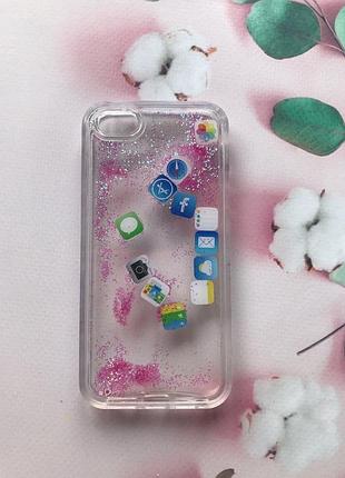 Силиконовый прозрачный чехол с плавающими иконками приложений на iphone 5/5s розовый