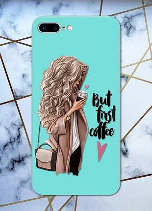 Матовый бирюзовый чехол на iphone 7 plus/8 plus :: девушка с кофе (принт 114)