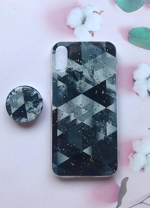 Мармуровий силіконовий чохол із блискітками в комплекті з тримачем для apple iphone x/xs чорний