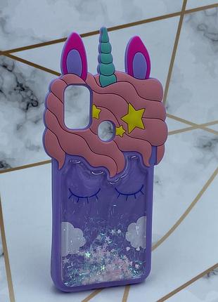 Чохол силіконовий 3d case з рухливими блискітками на samsung galaxy m30s єдиноріг фіолетовий