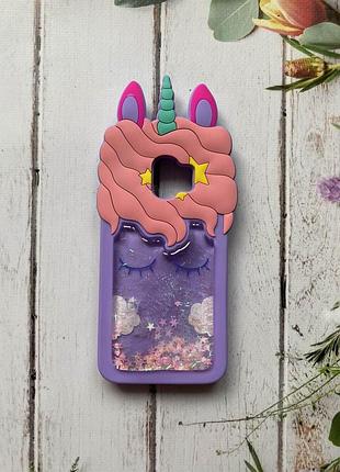 Чохол силіконовий 3d з рухливими блискітками на samsung galaxy j2 pro 2018 j250 єдиноріг фіолетовий