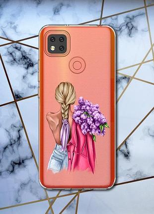 Прозорий чохол для xiaomi redmi 9c з об'ємним друком "дівчина з бузком" принт 7