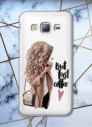 Прозрачный чехол на samsung galaxy j3 2016 j310 дизайн девушка с кофе принт 114