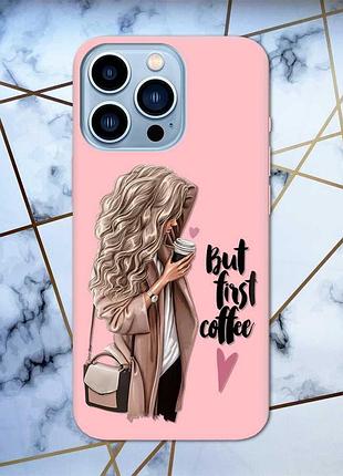 Матовый розовый чехол на iphone 13 pro max :: девушка с кофе (принт 114)