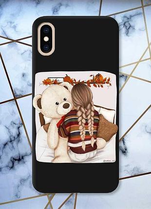 Матовый черный чехол на iphone xs max :: девочка с мишкой (принт 117)