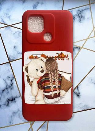 Матовий червоний чохол на xiaomi redmi 10c дизайн дівчинка з ведмедиком принт 117