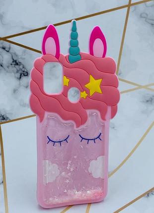 Чохол силіконовий 3d case з рухливими блискітками на samsung galaxy m30s рожевий єдиноріг