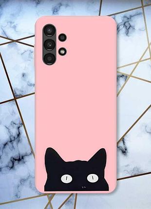 Матовый розовый чехол на samsung a13 4g дизайн кошечка принт 119