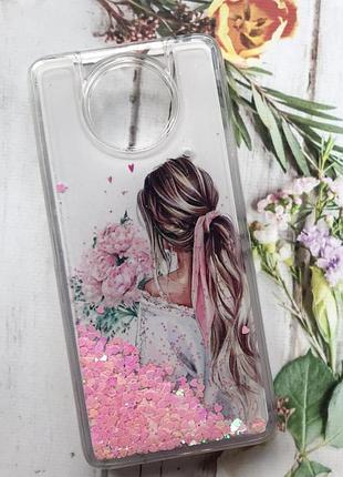 Чохол з рухливими блискітками на xiaomi redmi note 9t / redmi note 9 5g дівчина з квітами