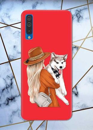 Матовый красный чехол на samsung galaxy а50 (2019) а505 дизайн девушка с собачкой принт 115