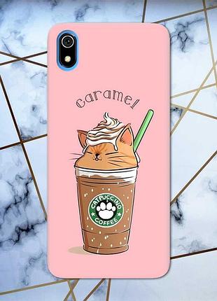 Матовый розовый чехол на xiaomi redmi 7a дизайн капучино котик принт 97