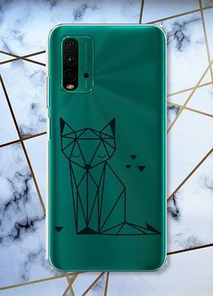 Прозрачный чехол на xiaomi redmi 9t  лиса (принт 126)