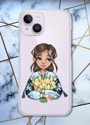 Прозрачный чехол с защитой камеры на iphone 14 :: девушка с тюльпанами (принт 22)