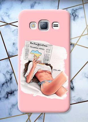 Матовый розовый чехол на samsung galaxy j3 / j310 девушка с газетой (принт 31)