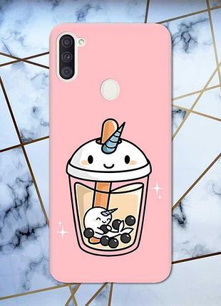 Матовый розовый чехол на samsung galaxy а11 дизайн коктейль единорог принт 96