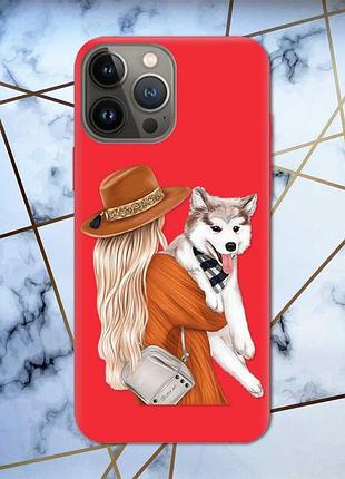 Матовый красный чехол на iphone 13 pro :: девушка с собачкой (принт 115)