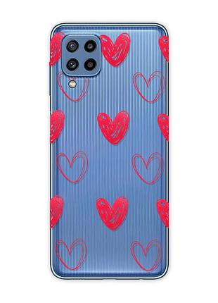Прозорий чохол samsung galaxy m32 / m22 / a22 4g сердечка червоні (принт 77)