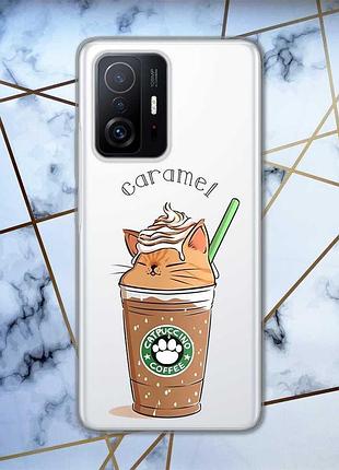 Прозрачный чехол на xiaomi 11t  дизайн капучино котик принт 97