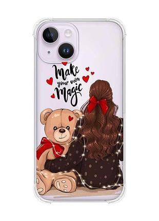 Прозрачный чехол с утолщёнными  углами на iphone 14 :: девушка с мишкой (принт 188)