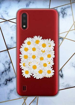 Прозрачный чехол для samsung galaxy a01  рельефный дизайн букет ромашек принт 40