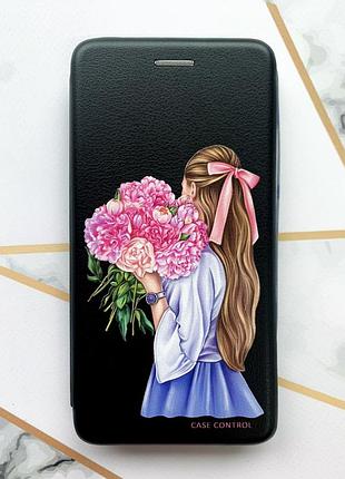 Чехол-книжка с рисунком для xiaomi redmi 9 черный :: девушка с пионами (принт 11)